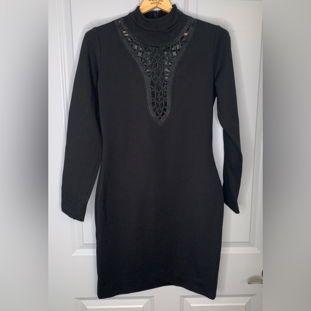 Dress the Population Stretch Knit Long Sleeve Mini Mock Neck Dress, Size L